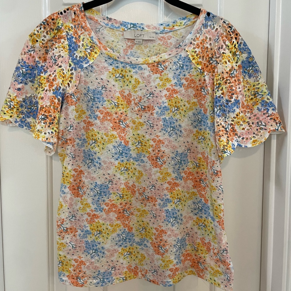 LOFT Floral Short-Sleeve Cotton Blend Tee in Multi-Color
